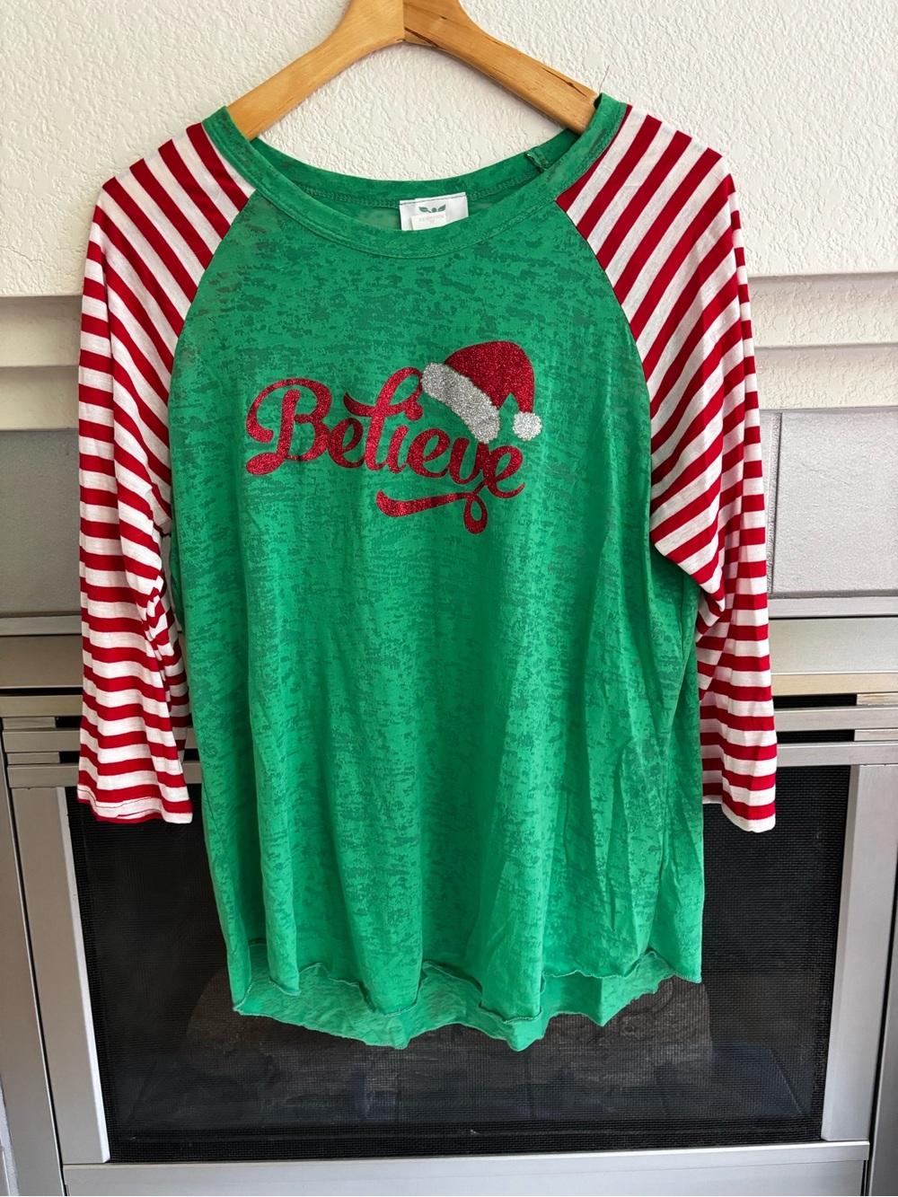 BELIEVE Holiday Raglan Top - Green with Red & White Stripes XL